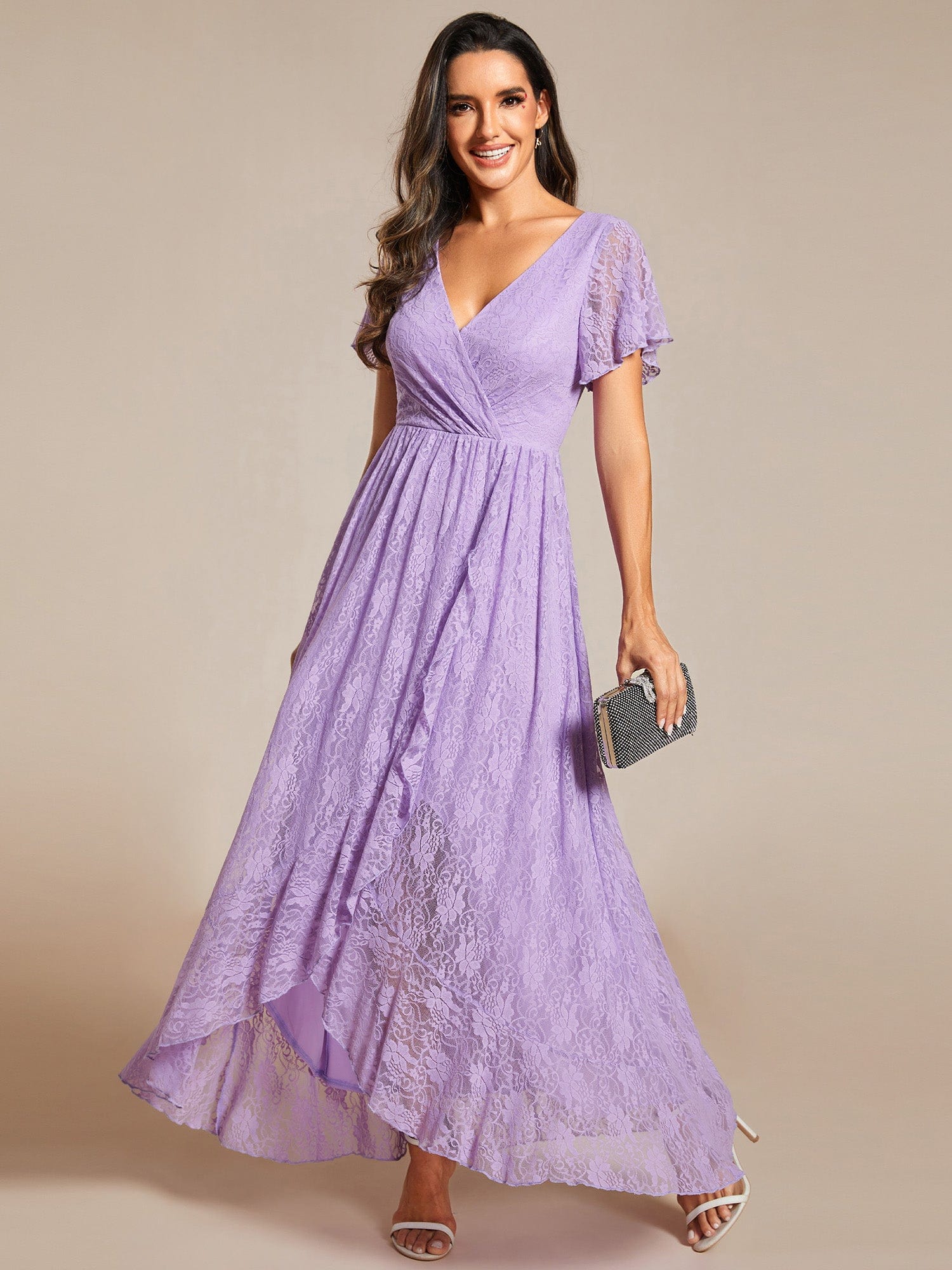 V-Neck Short Sleeve Pleated Ruffled Lace Evening Dress #Color_Lavender