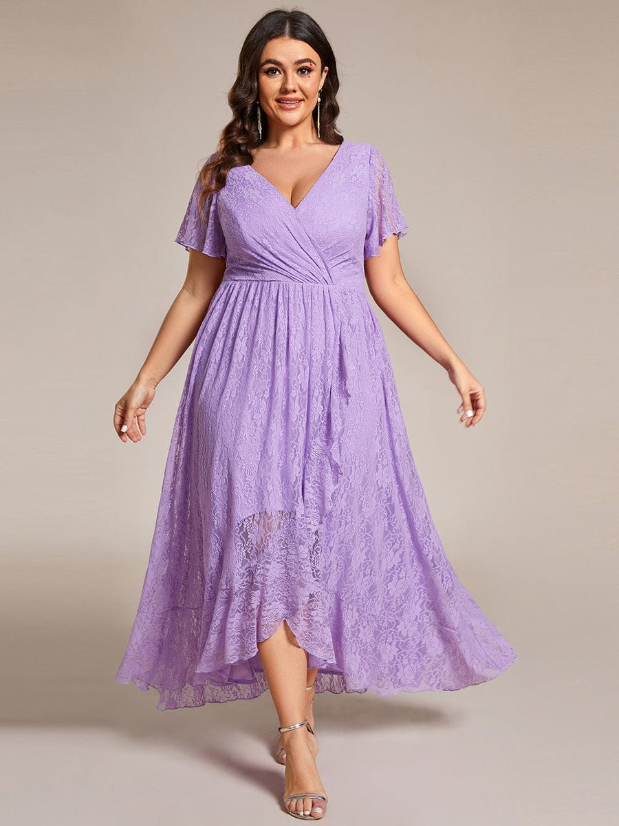 Plus size V-Neck Short Sleeve Pleated Ruffled Lace Evening Dress #Color_Lavender