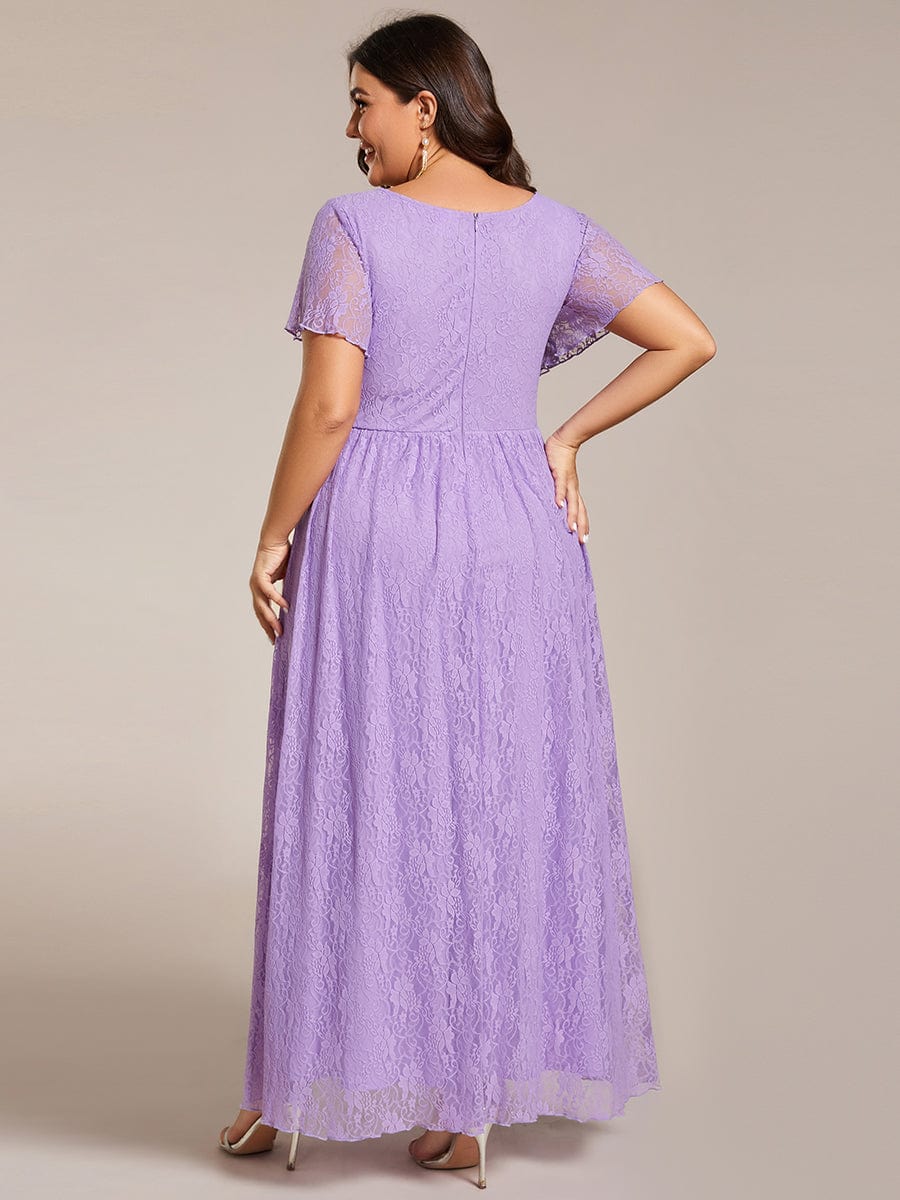 V-Neck Short Sleeve Pleated Ruffled Lace Evening Dress #Color_Lavender