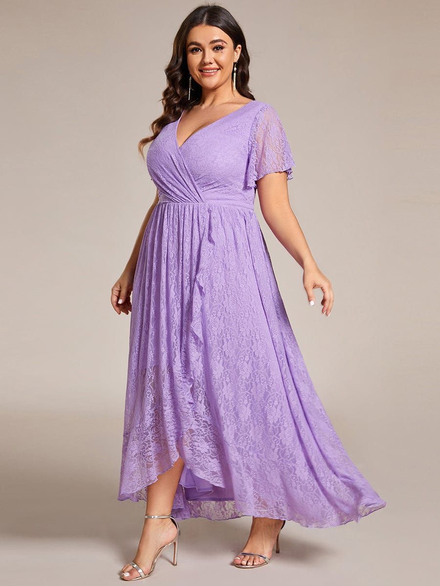 Plus size V-Neck Short Sleeve Pleated Ruffled Lace Evening Dress #Color_Lavender