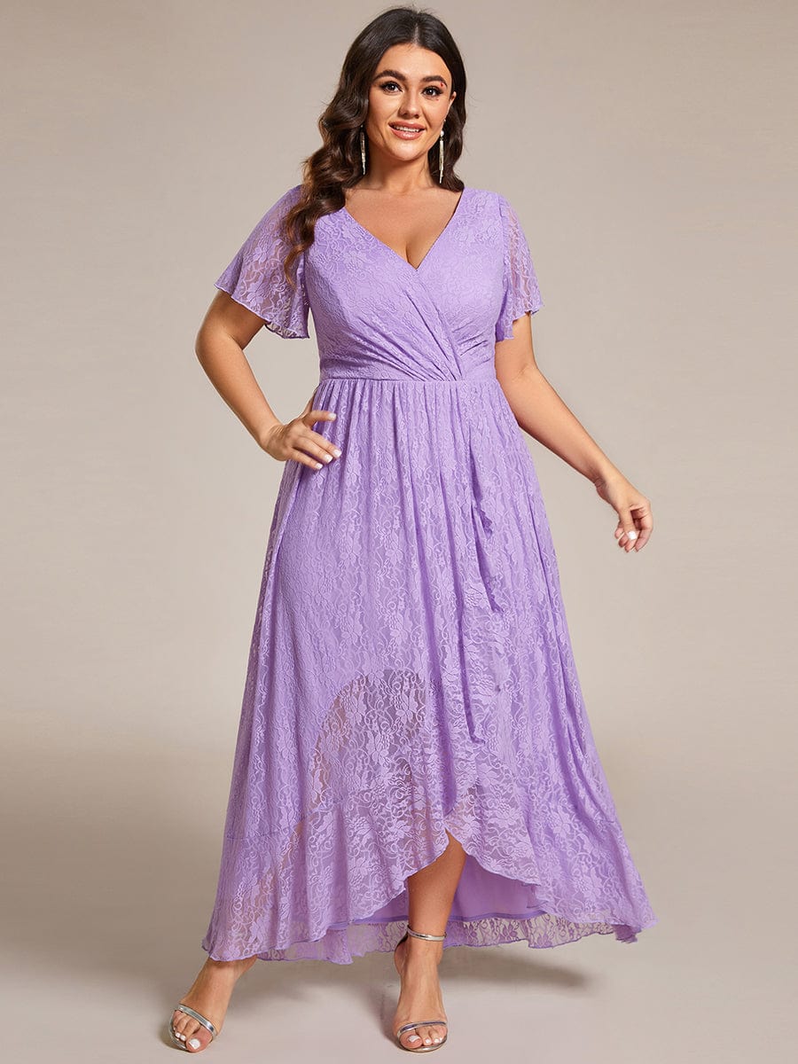 V-Neck Short Sleeve Pleated Ruffled Lace Evening Dress #Color_Lavender