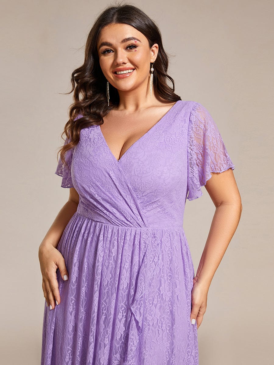 V-Neck Short Sleeve Pleated Ruffled Lace Evening Dress #Color_Lavender