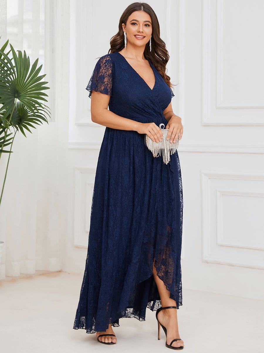 Plus size V-Neck Short Sleeve Pleated Ruffled Lace Evening Dress #Color_Navy Blue