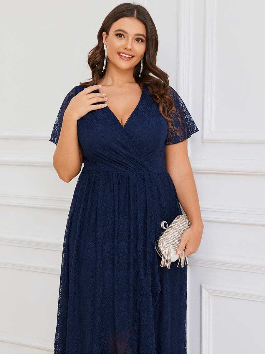 V-Neck Short Sleeve Pleated Ruffled Lace Evening Dress #Color_Navy Blue