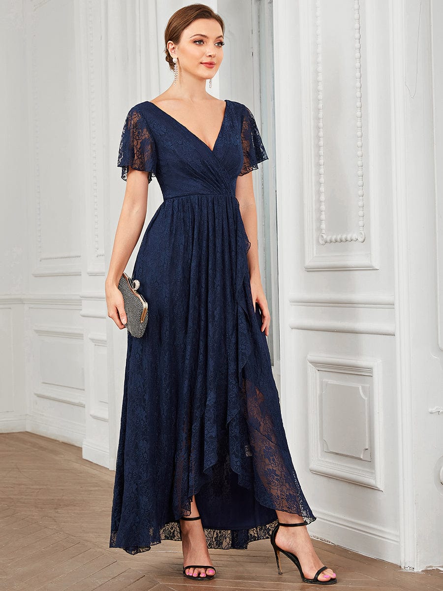 V Neck Short Sleeve Pleated Ruffled Lace Evening Dress