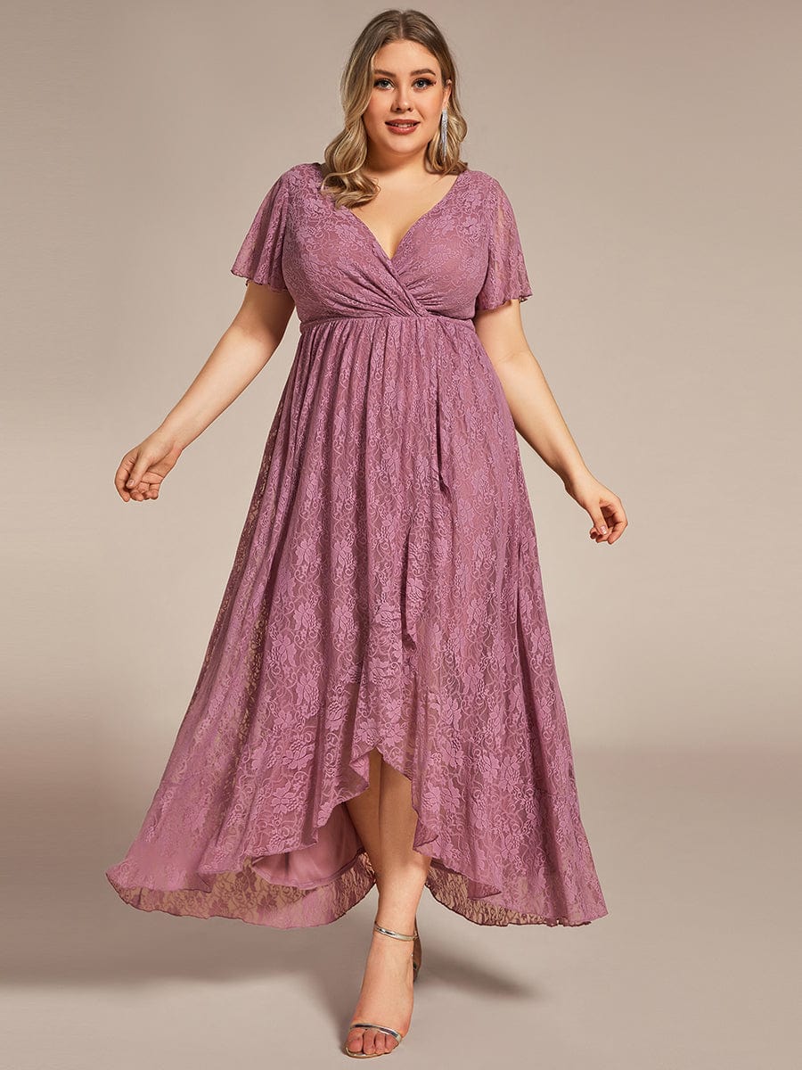 V-Neck Short Sleeve Pleated Ruffled Lace Evening Dress #Color_Purple Orchid