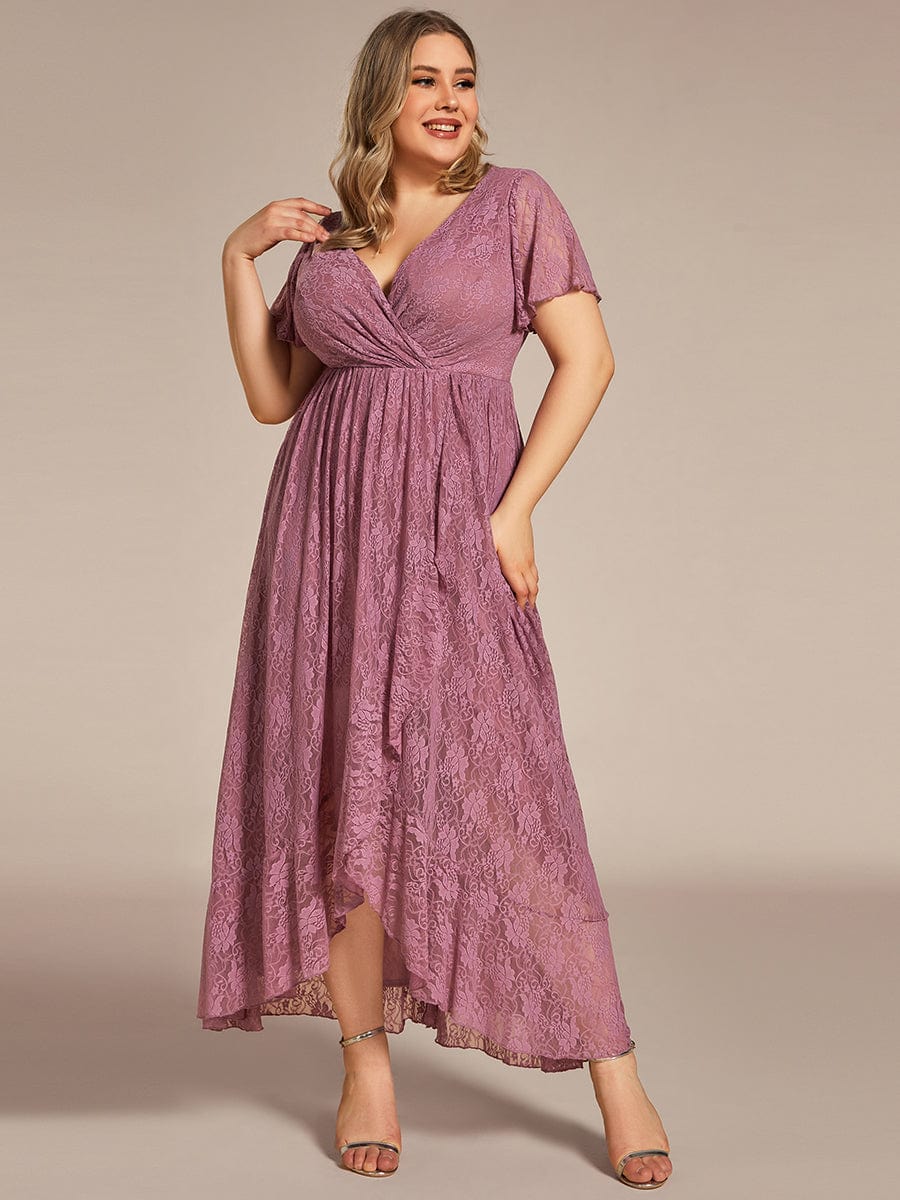 V-Neck Short Sleeve Pleated Ruffled Lace Evening Dress #Color_Purple Orchid