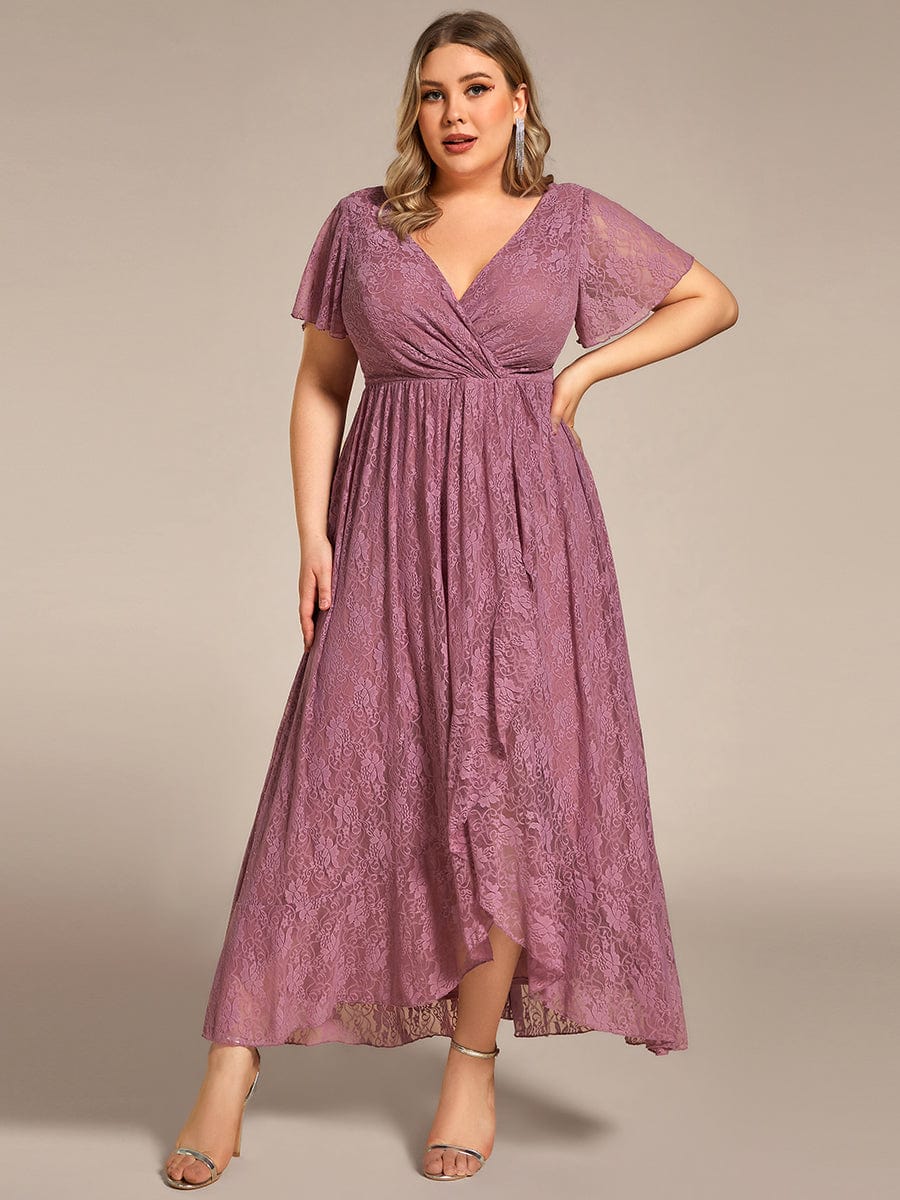 V-Neck Short Sleeve Pleated Ruffled Lace Evening Dress #Color_Purple Orchid