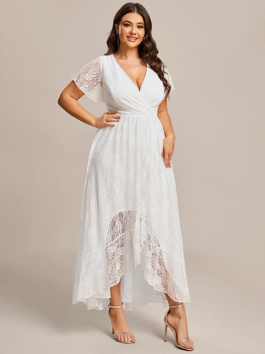 V-Neck Short Sleeve Pleated Ruffled Lace Evening Dress #Color_White