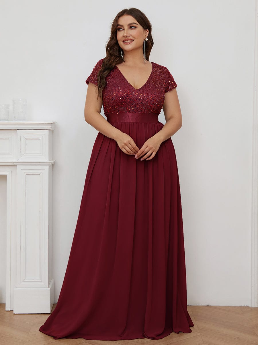 V-Neck Cap Sleeve Sequin & Chiffon Empire Waist Evening Dress #color_Burgundy