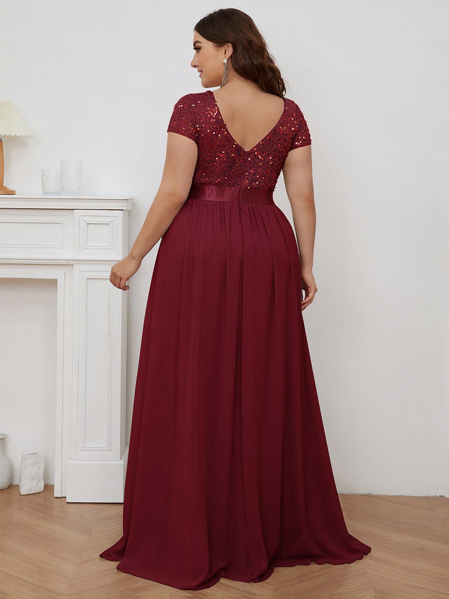 V-Neck Cap Sleeve Sequin & Chiffon Empire Waist Evening Dress #color_Burgundy