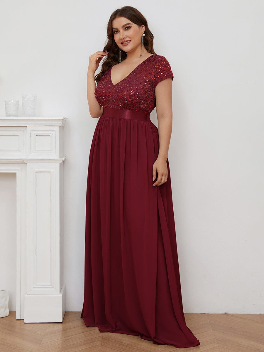 Plus Size V-Neck Cap Sleeve Sequins Chiffon Maxi Evening Dress #color_Burgundy