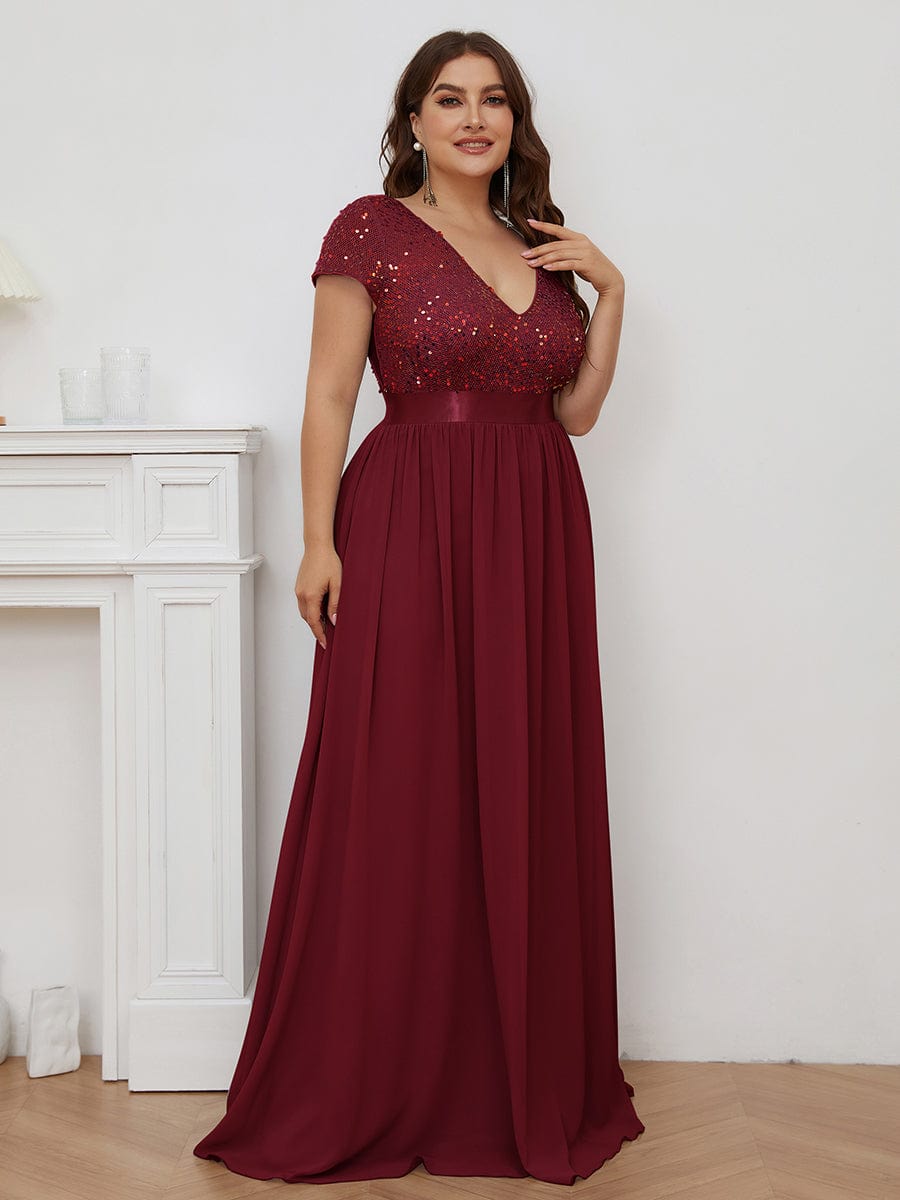 Plus Size V-Neck Cap Sleeve Sequins Chiffon Maxi Evening Dress #color_Burgundy