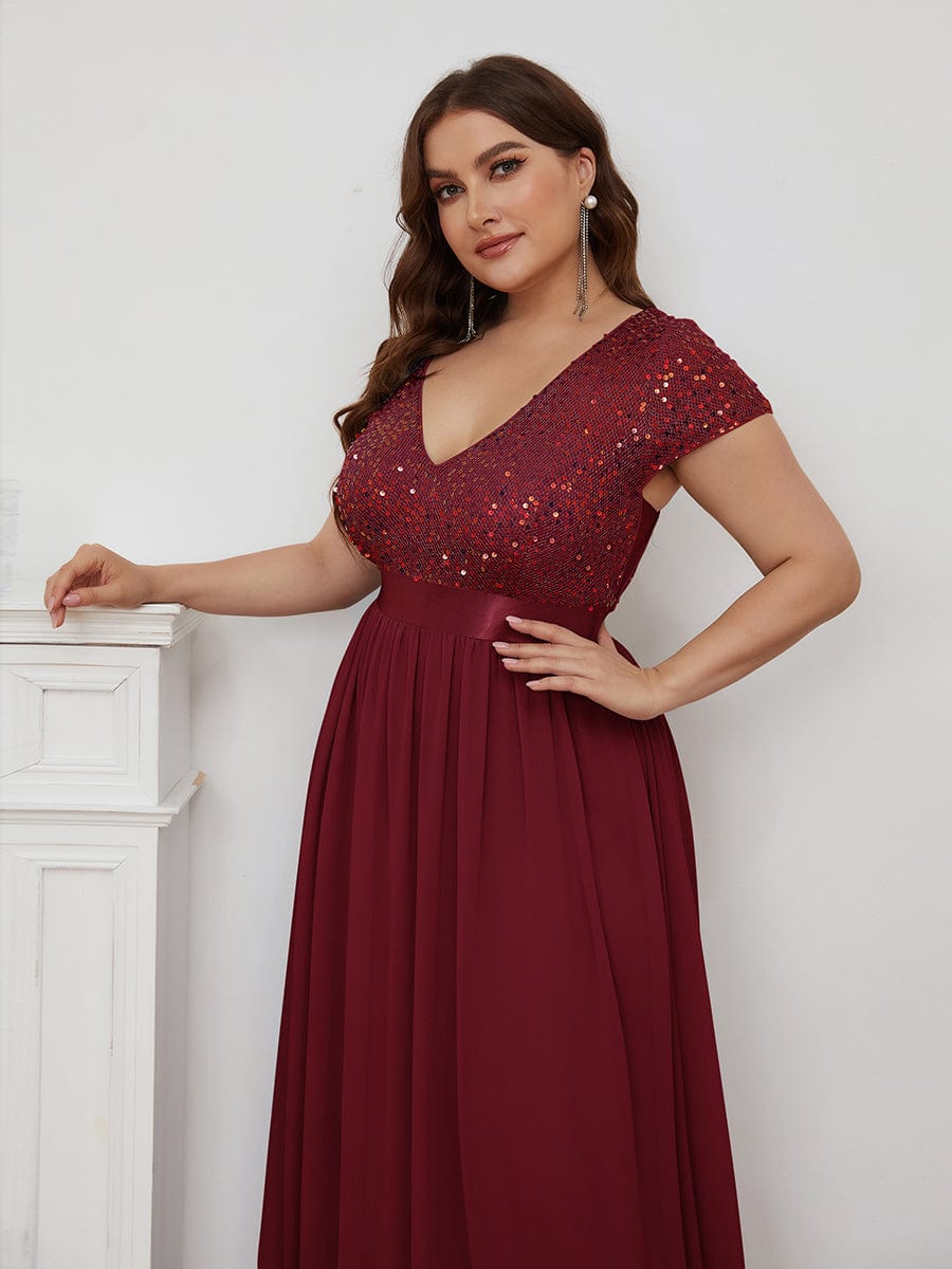 Plus Size V-Neck Cap Sleeve Sequins Chiffon Maxi Evening Dress #color_Burgundy