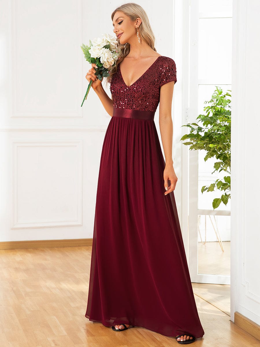 V-Neck Cap Sleeve Sequin & Chiffon Empire Waist Evening Dress #color_Burgundy