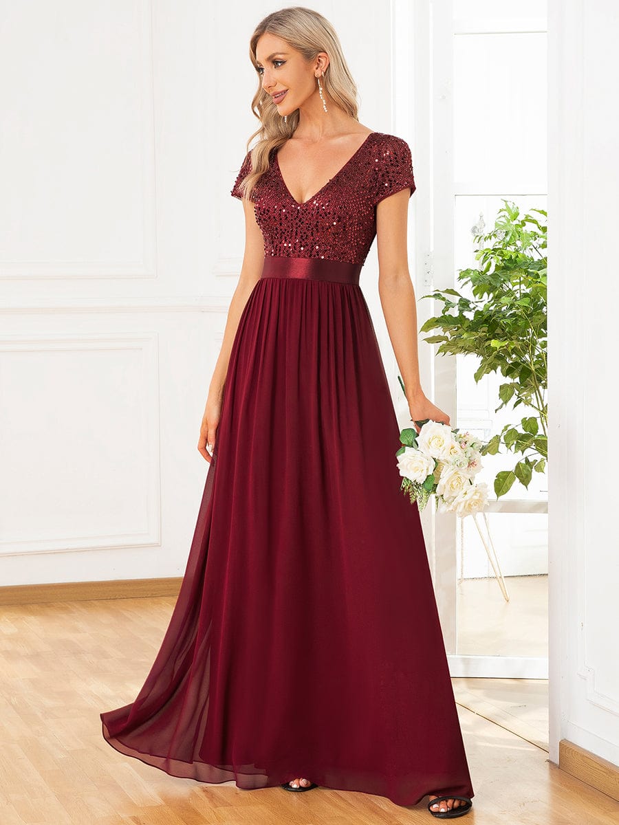 V-Neck Cap Sleeve Sequin & Chiffon Empire Waist Evening Dress #color_Burgundy