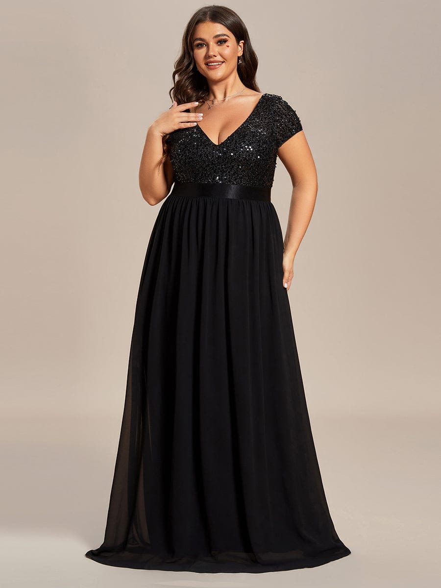 V-Neck Cap Sleeve Sequin & Chiffon Empire Waist Evening Dress #color_Black