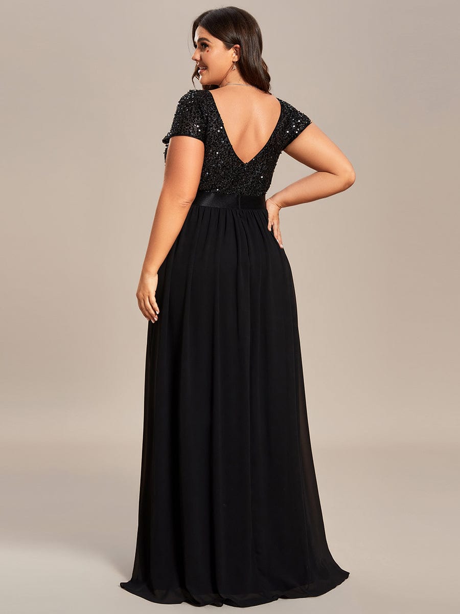 V-Neck Cap Sleeve Sequin & Chiffon Empire Waist Evening Dress #color_Black