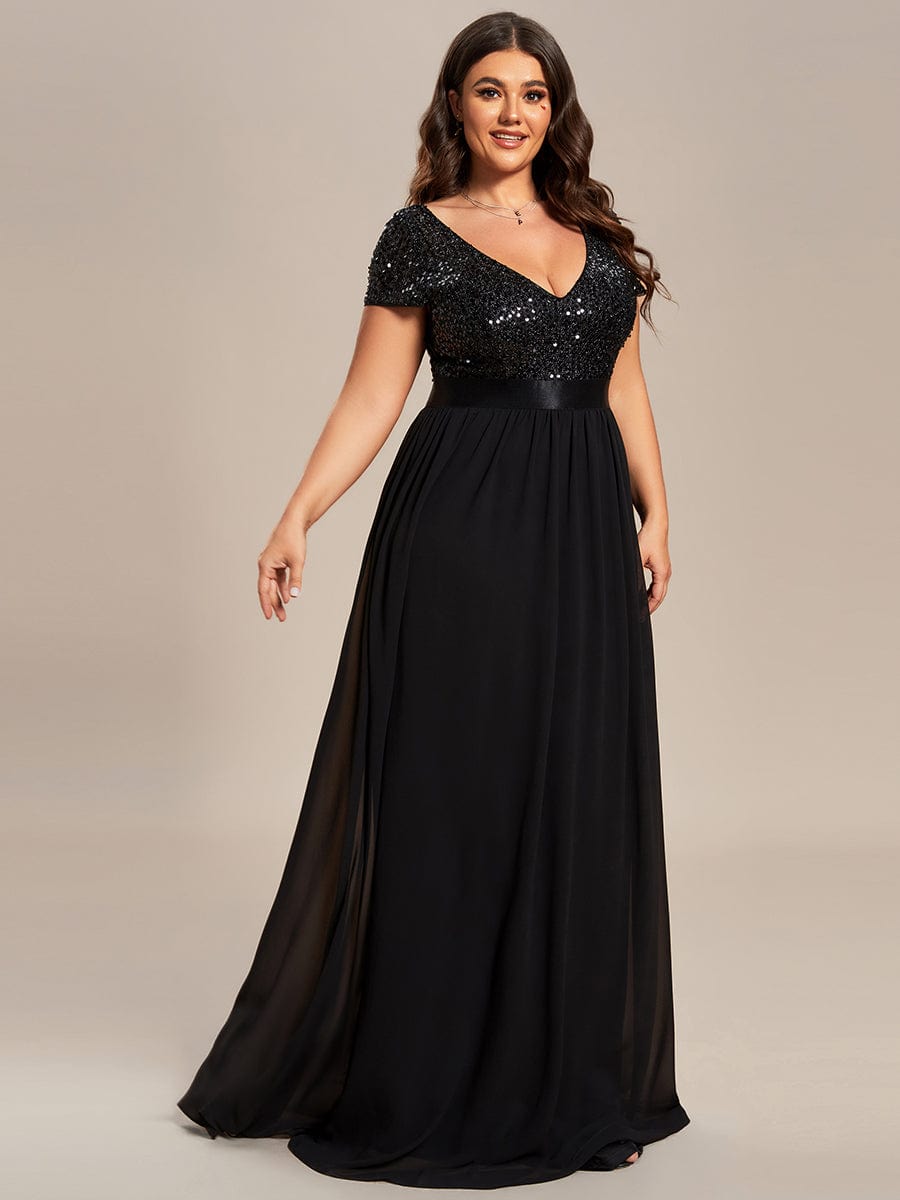 V-Neck Cap Sleeve Sequin & Chiffon Empire Waist Evening Dress #color_Black