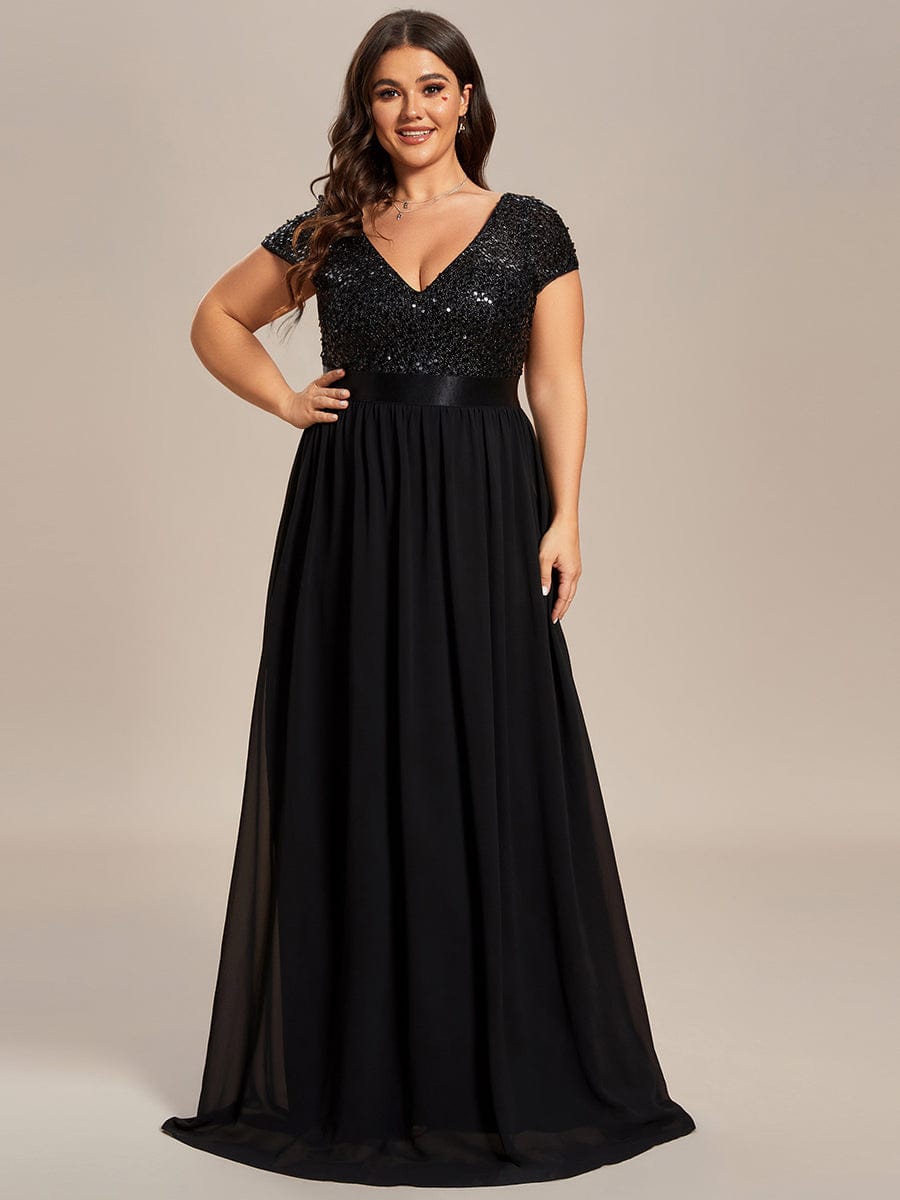 V-Neck Cap Sleeve Sequin & Chiffon Empire Waist Evening Dress #color_Black