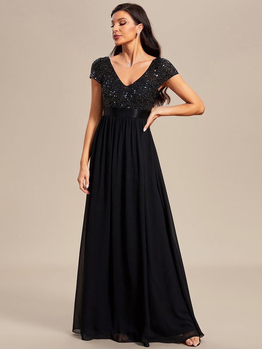 V-Neck Cap Sleeve Sequin & Chiffon Empire Waist Evening Dress #color_Black