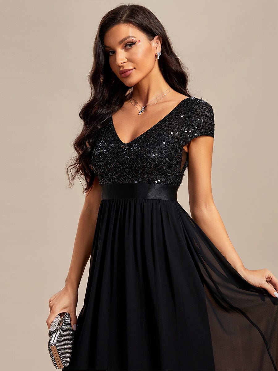 V-Neck Cap Sleeve Sequin & Chiffon Empire Waist Evening Dress #color_Black