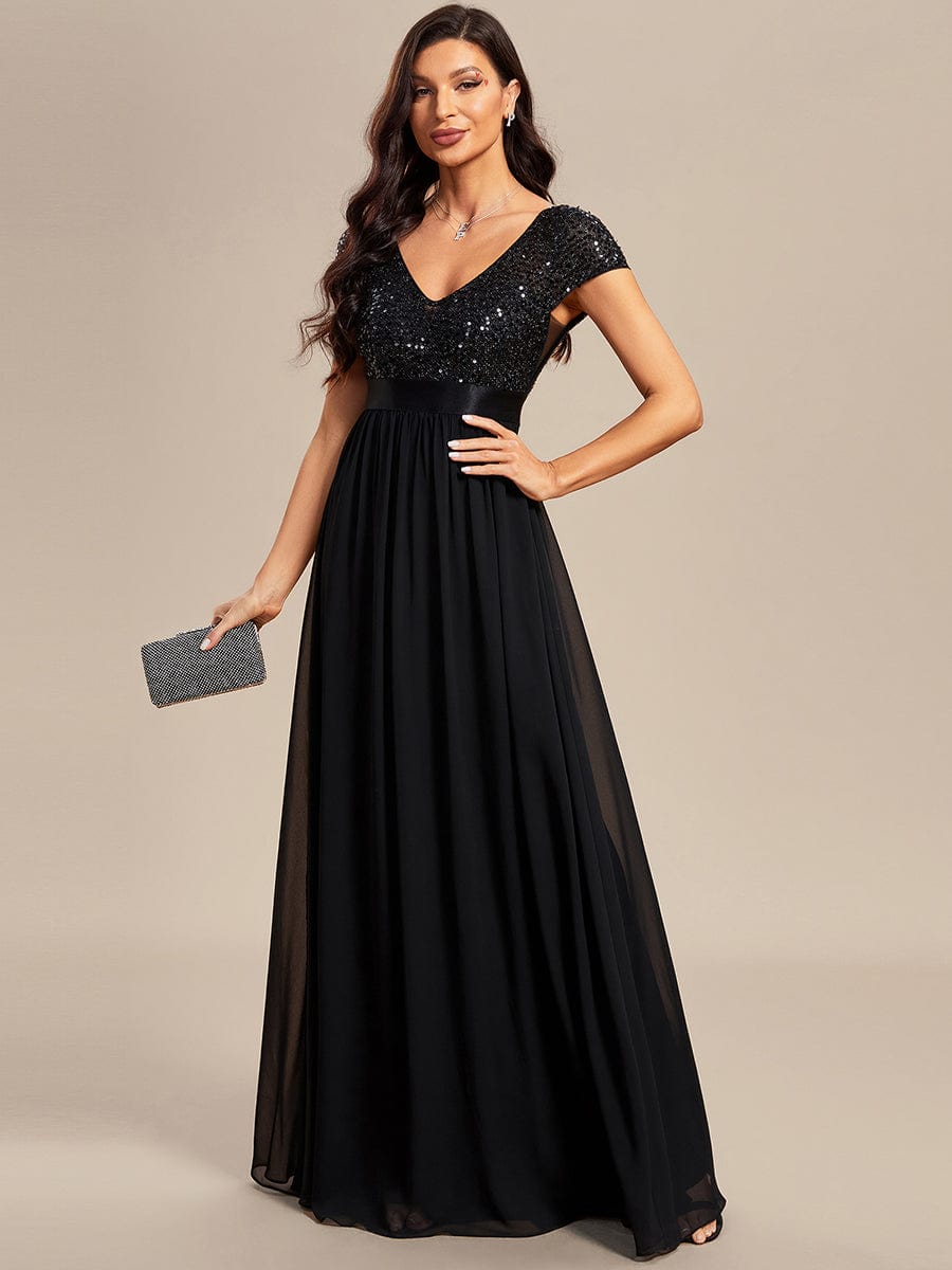 V-Neck Cap Sleeve Sequin & Chiffon Empire Waist Evening Dress #color_Black