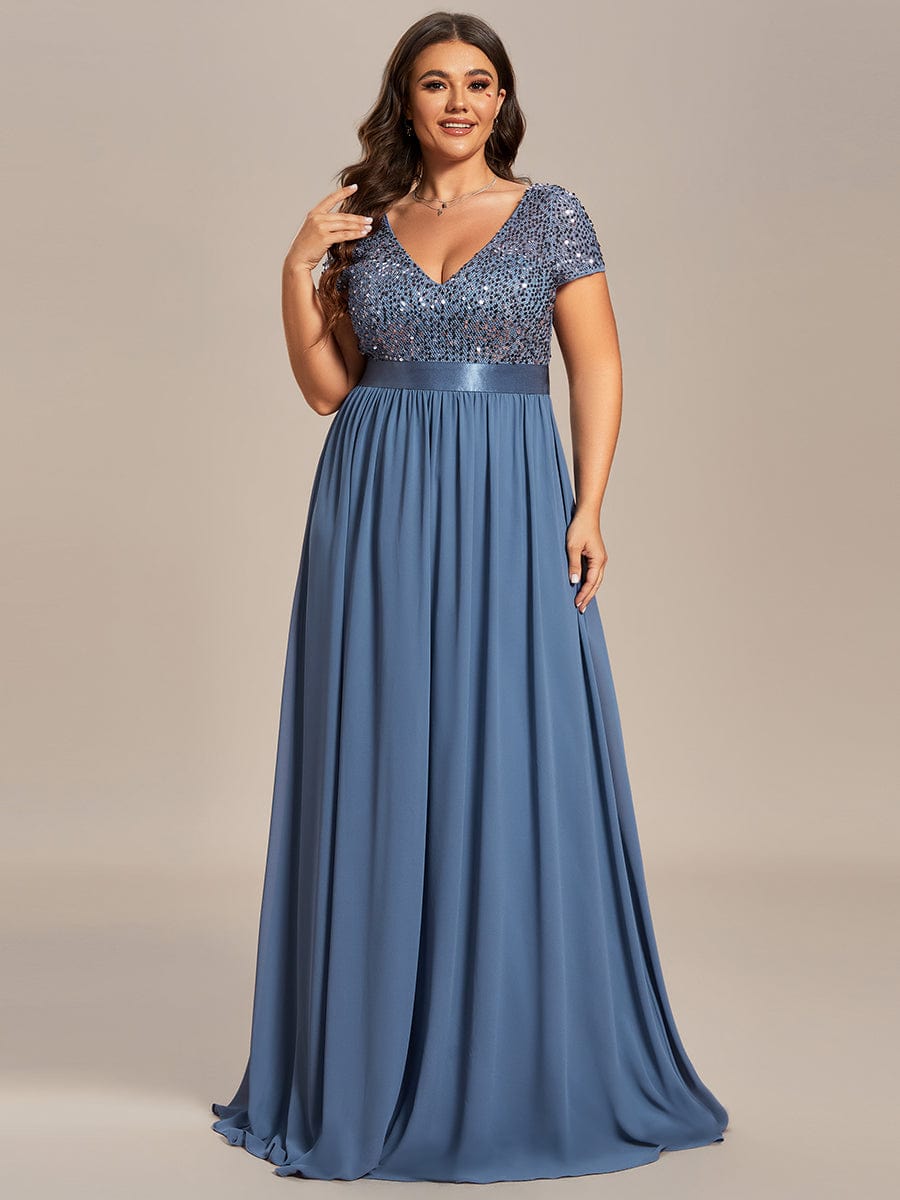 V-Neck Cap Sleeve Sequin & Chiffon Empire Waist Evening Dress #color_Dusty Blue