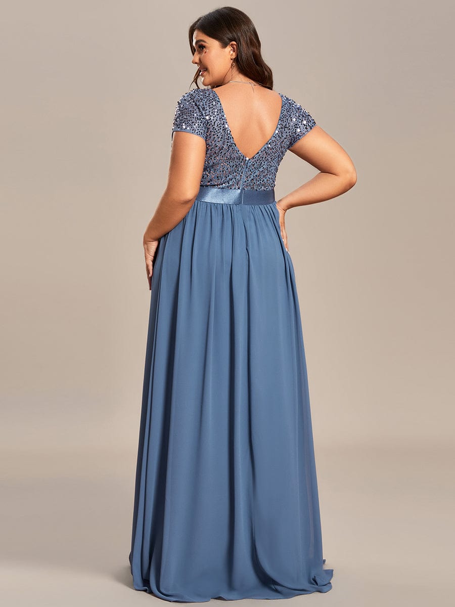 V-Neck Cap Sleeve Sequin & Chiffon Empire Waist Evening Dress #color_Dusty Blue