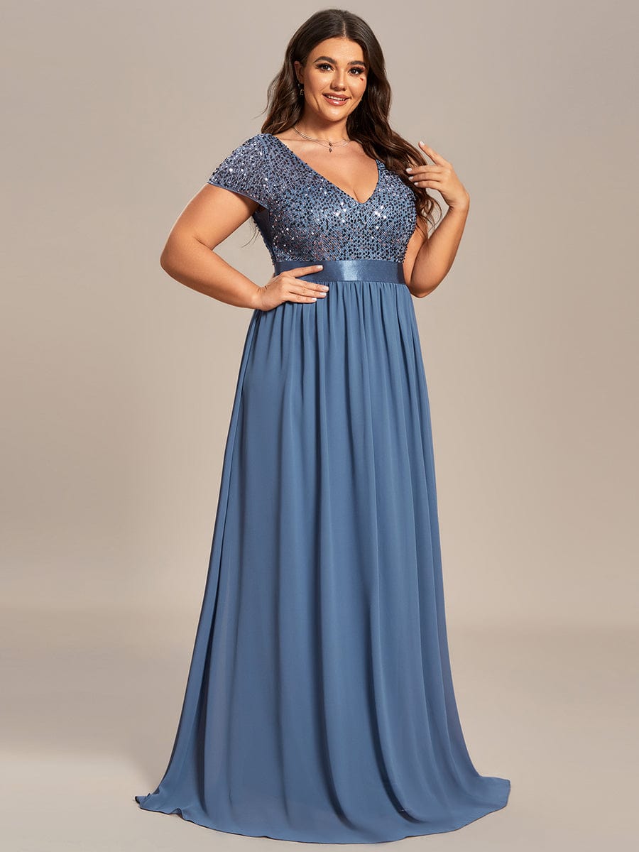 V-Neck Cap Sleeve Sequin & Chiffon Empire Waist Evening Dress #color_Dusty Blue