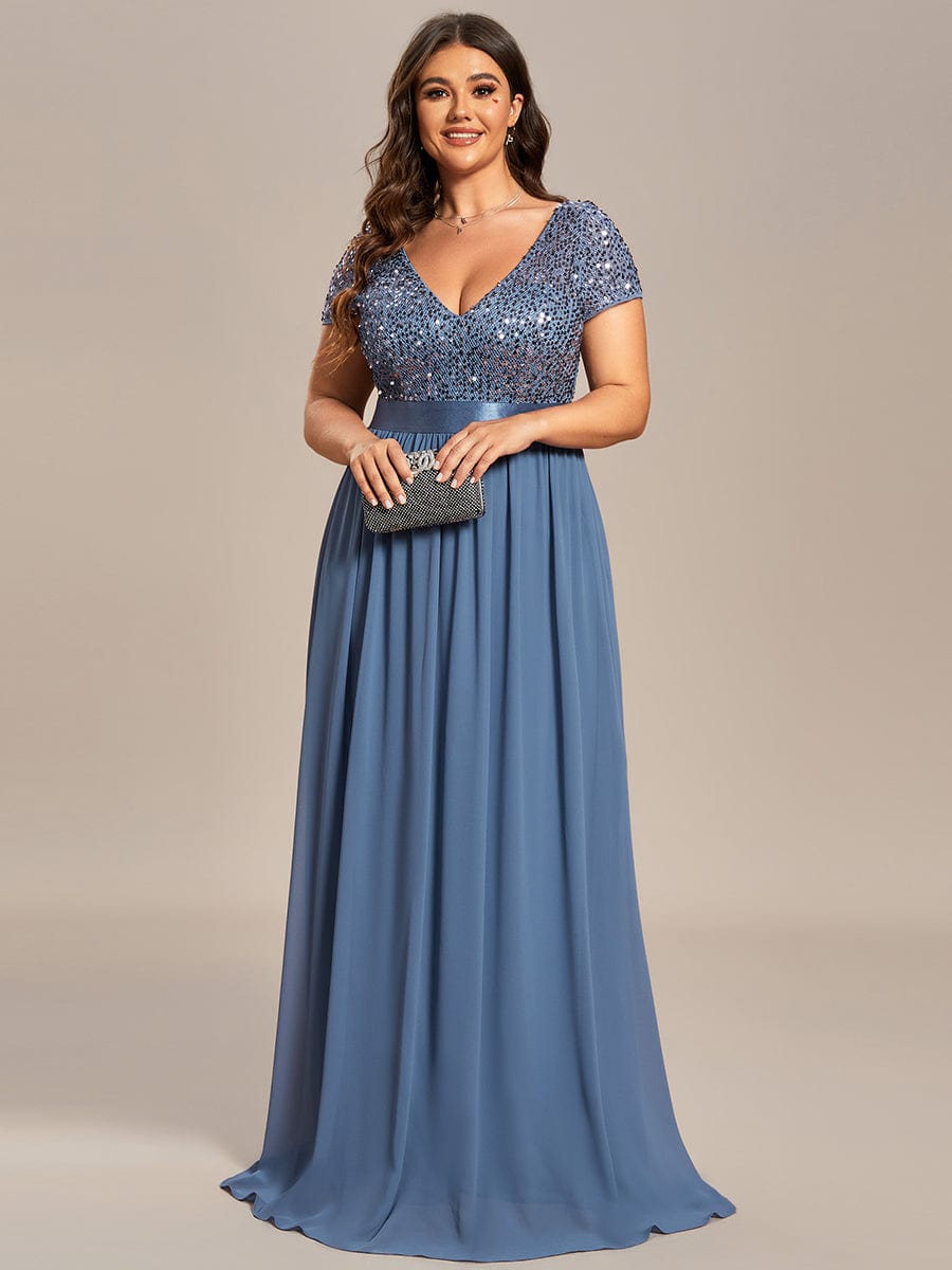 V-Neck Cap Sleeve Sequin & Chiffon Empire Waist Evening Dress #color_Dusty Blue