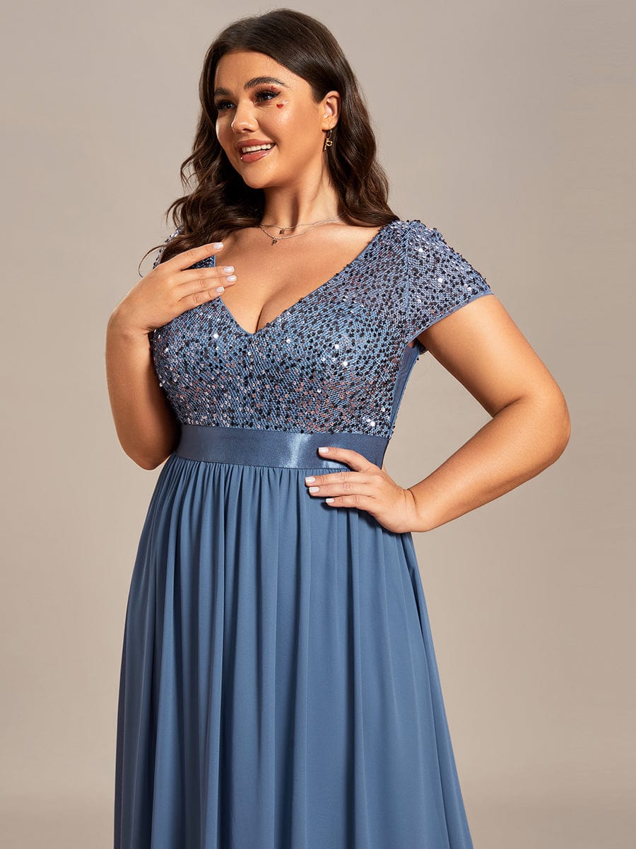 V-Neck Cap Sleeve Sequin & Chiffon Empire Waist Evening Dress #color_Dusty Blue