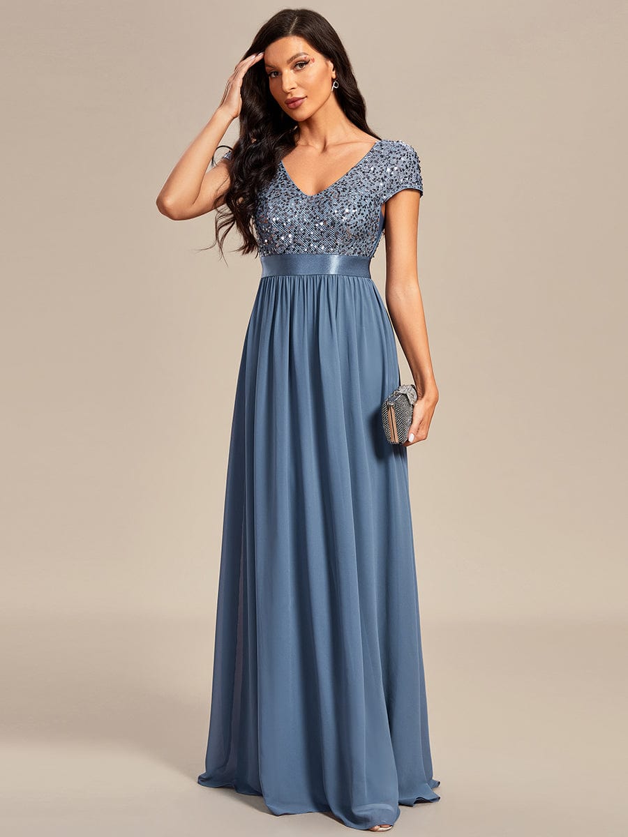 V-Neck Cap Sleeve Sequin & Chiffon Empire Waist Evening Dress #color_Dusty Blue