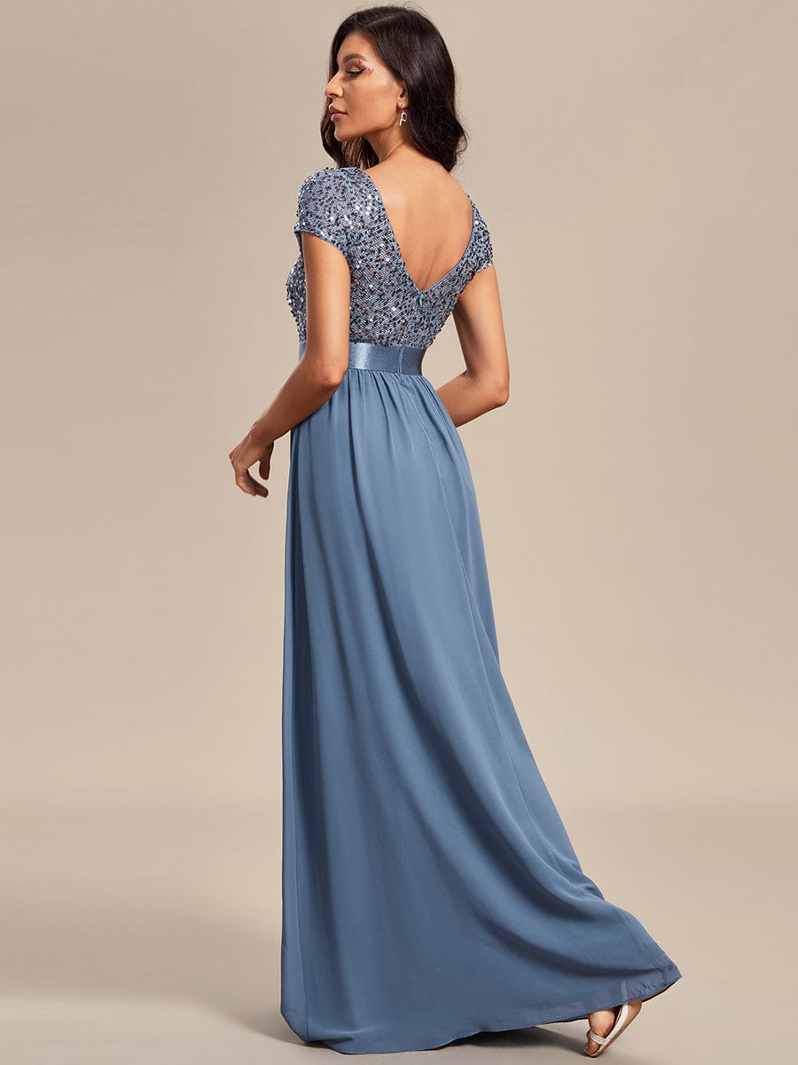 V-Neck Cap Sleeve Sequin & Chiffon Empire Waist Evening Dress #color_Dusty Blue