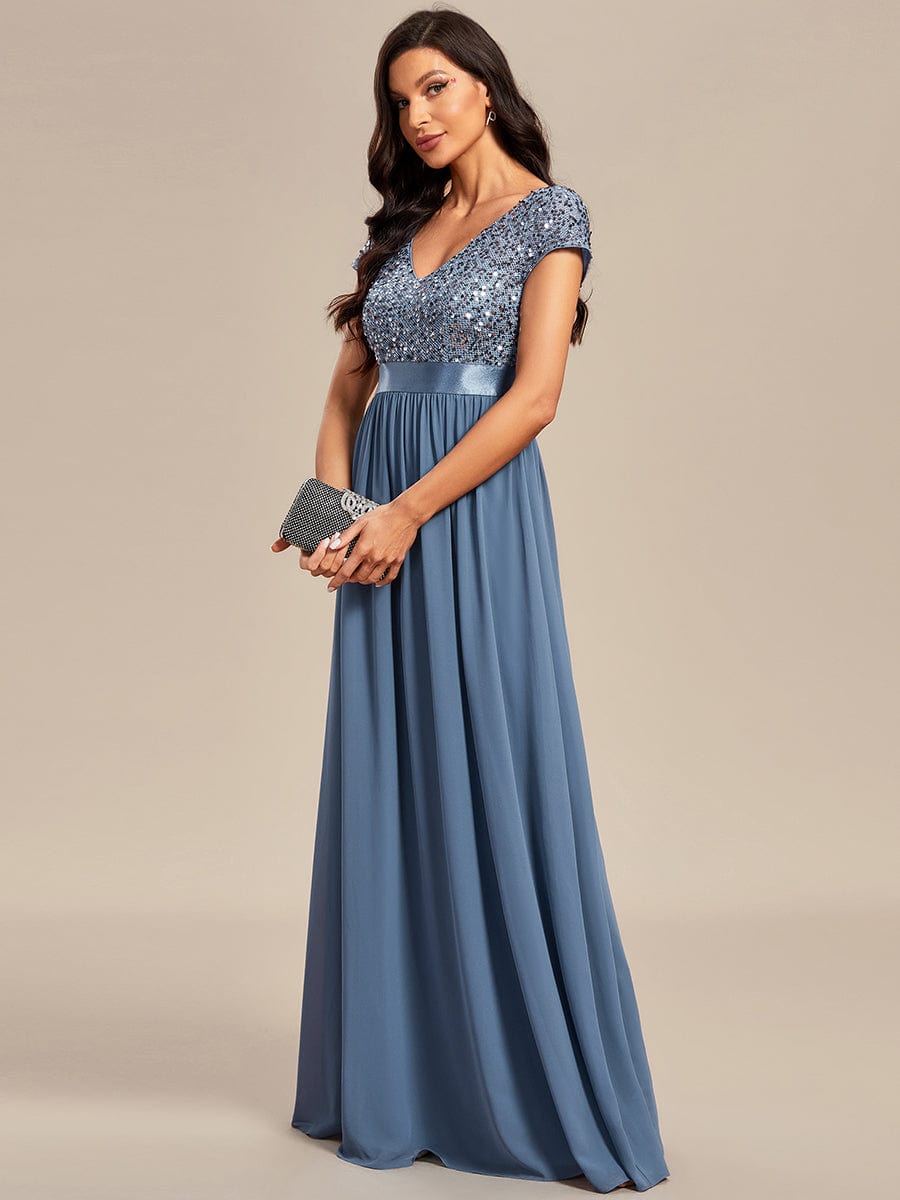 V-Neck Cap Sleeve Sequin & Chiffon Empire Waist Evening Dress #color_Dusty Blue