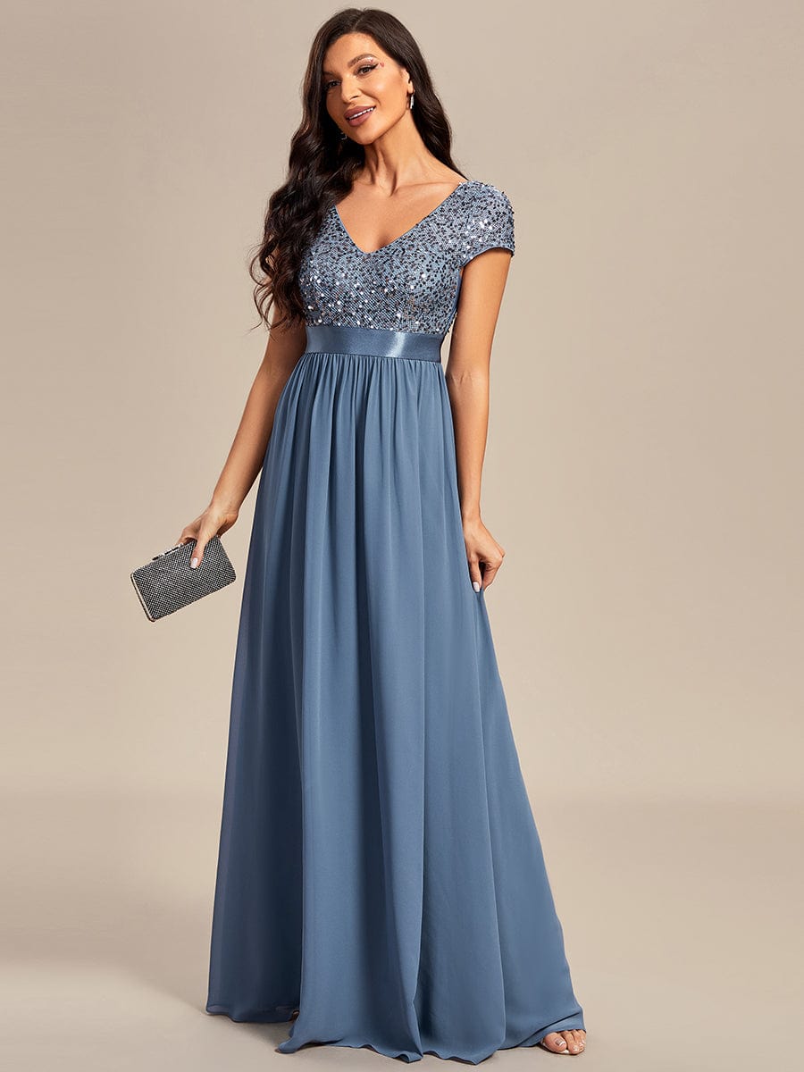 V-Neck Cap Sleeve Sequin & Chiffon Empire Waist Evening Dress #color_Dusty Blue