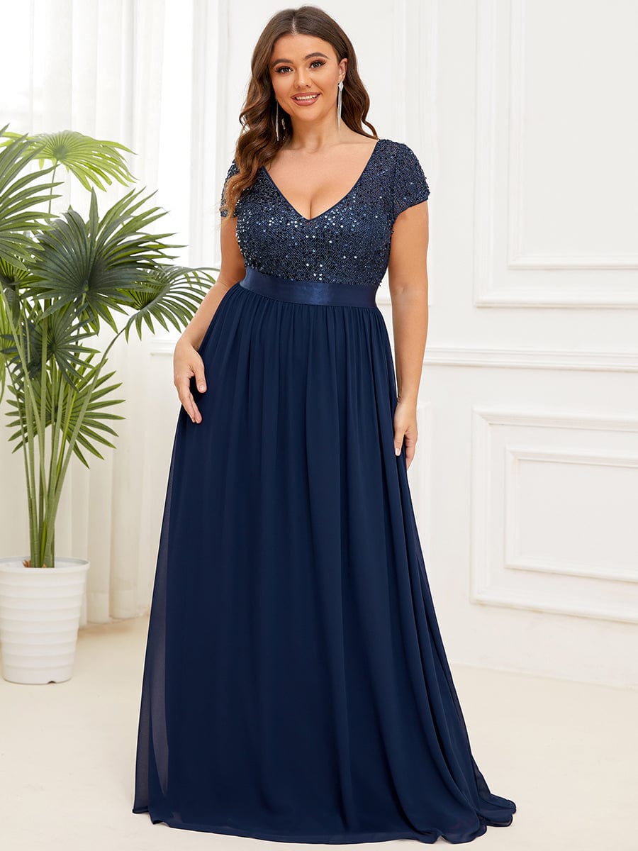 V-Neck Cap Sleeve Sequin & Chiffon Empire Waist Evening Dress #color_Navy Blue