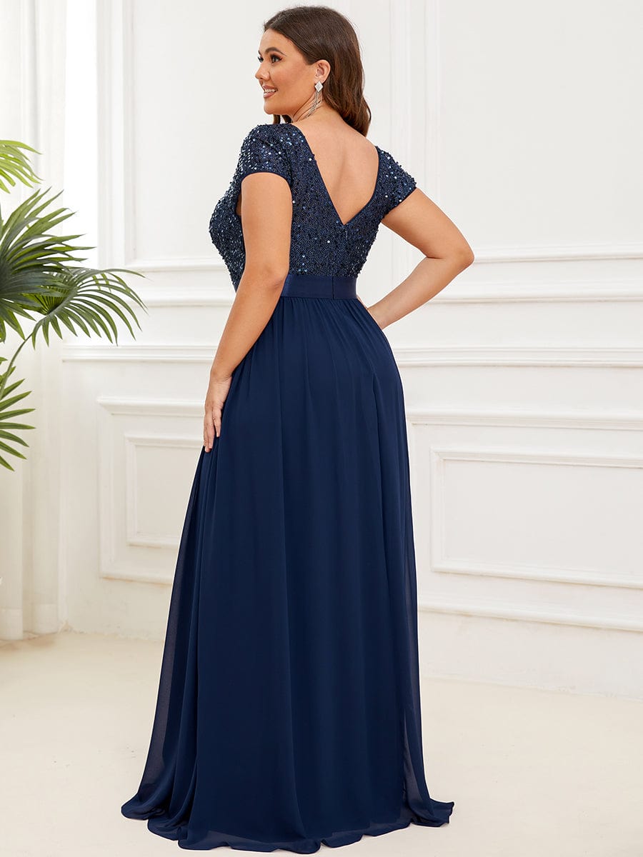 V-Neck Cap Sleeve Sequin & Chiffon Empire Waist Evening Dress #color_Navy Blue