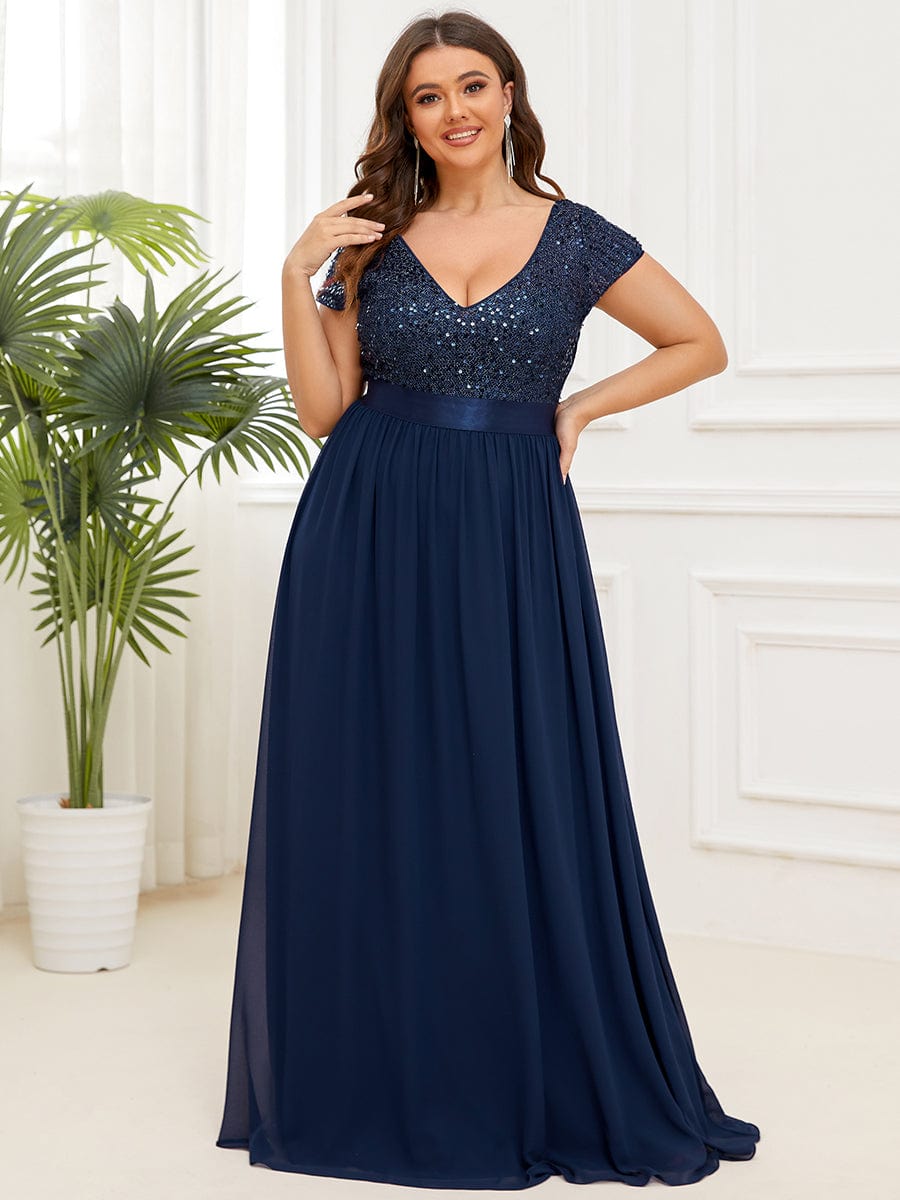 Plus Size V-Neck Cap Sleeve Sequins Chiffon Maxi Evening Dress #color_Navy Blue