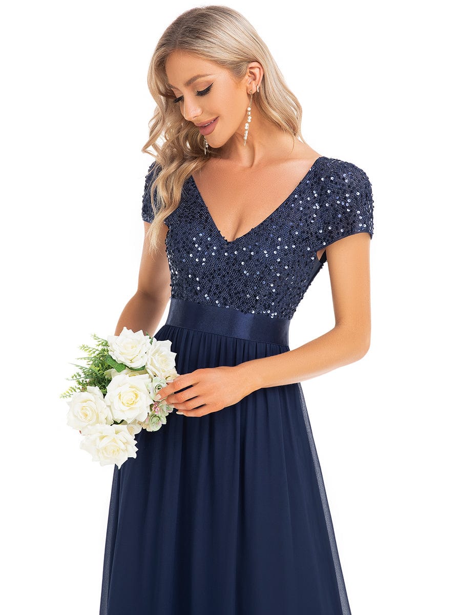 V-Neck Cap Sleeve Sequin & Chiffon Empire Waist Evening Dress #color_Navy Blue