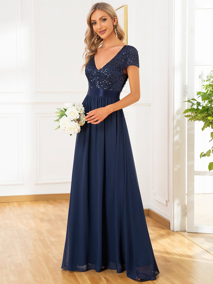 V-Neck Cap Sleeve Sequin & Chiffon Empire Waist Evening Dress #color_Navy Blue