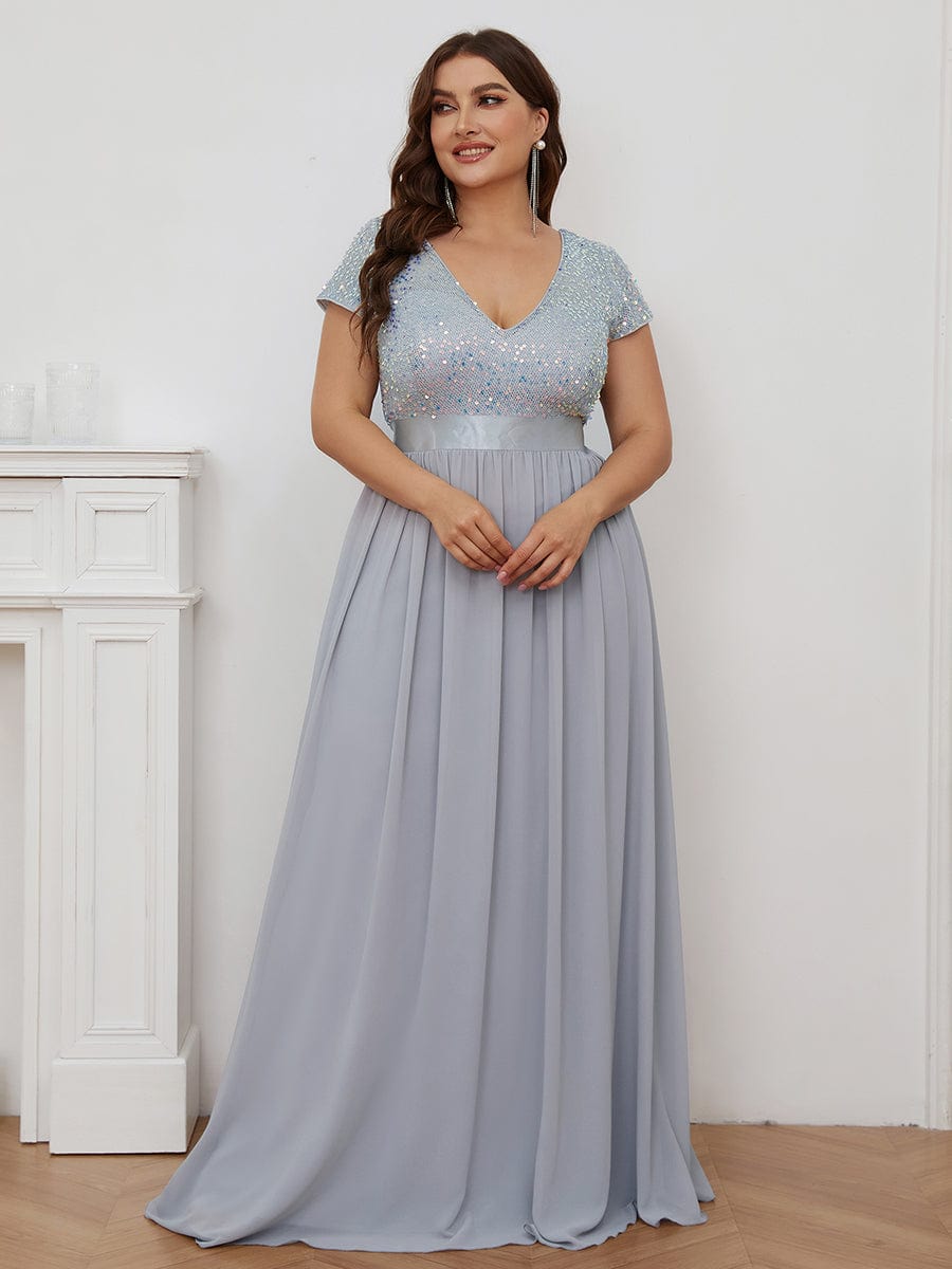 V-Neck Cap Sleeve Sequin & Chiffon Empire Waist Evening Dress #color_Silver