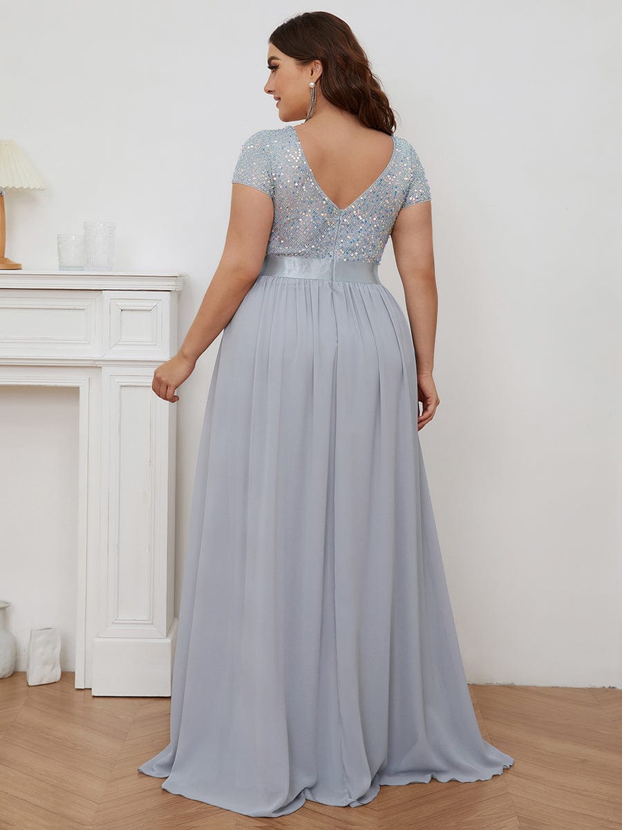 Plus Size V-Neck Cap Sleeve Sequins Chiffon Maxi Evening Dress #color_Silver