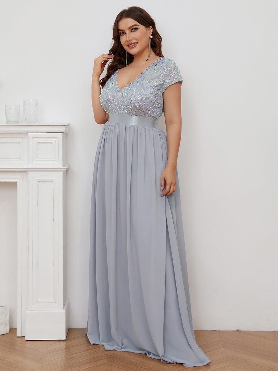 Plus Size V-Neck Cap Sleeve Sequins Chiffon Maxi Evening Dress #color_Silver