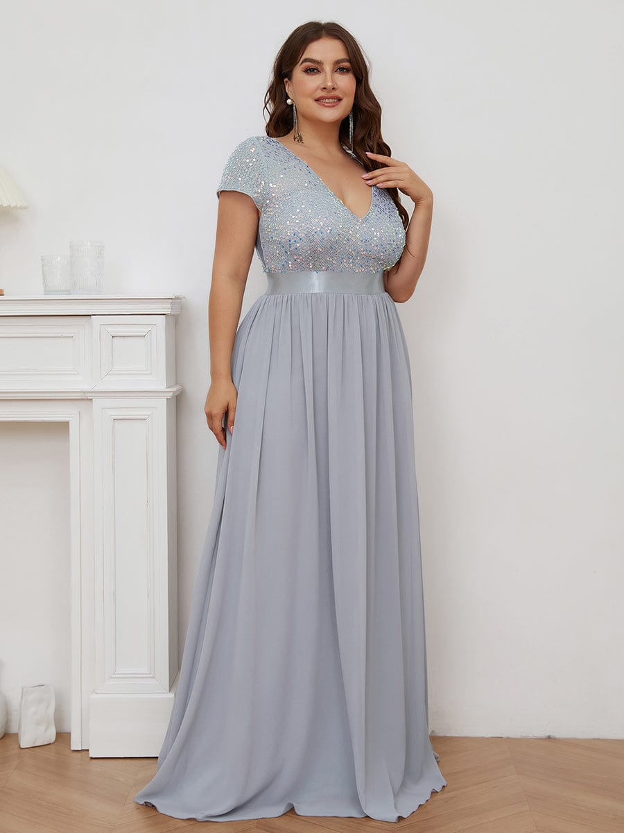 Plus Size V-Neck Cap Sleeve Sequins Chiffon Maxi Evening Dress #color_Silver