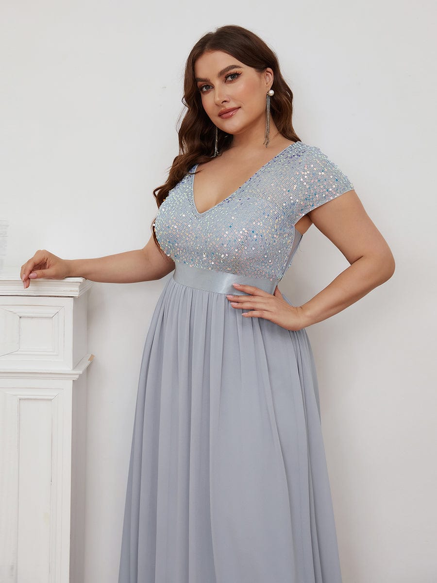 Plus Size V-Neck Cap Sleeve Sequins Chiffon Maxi Evening Dress #color_Silver