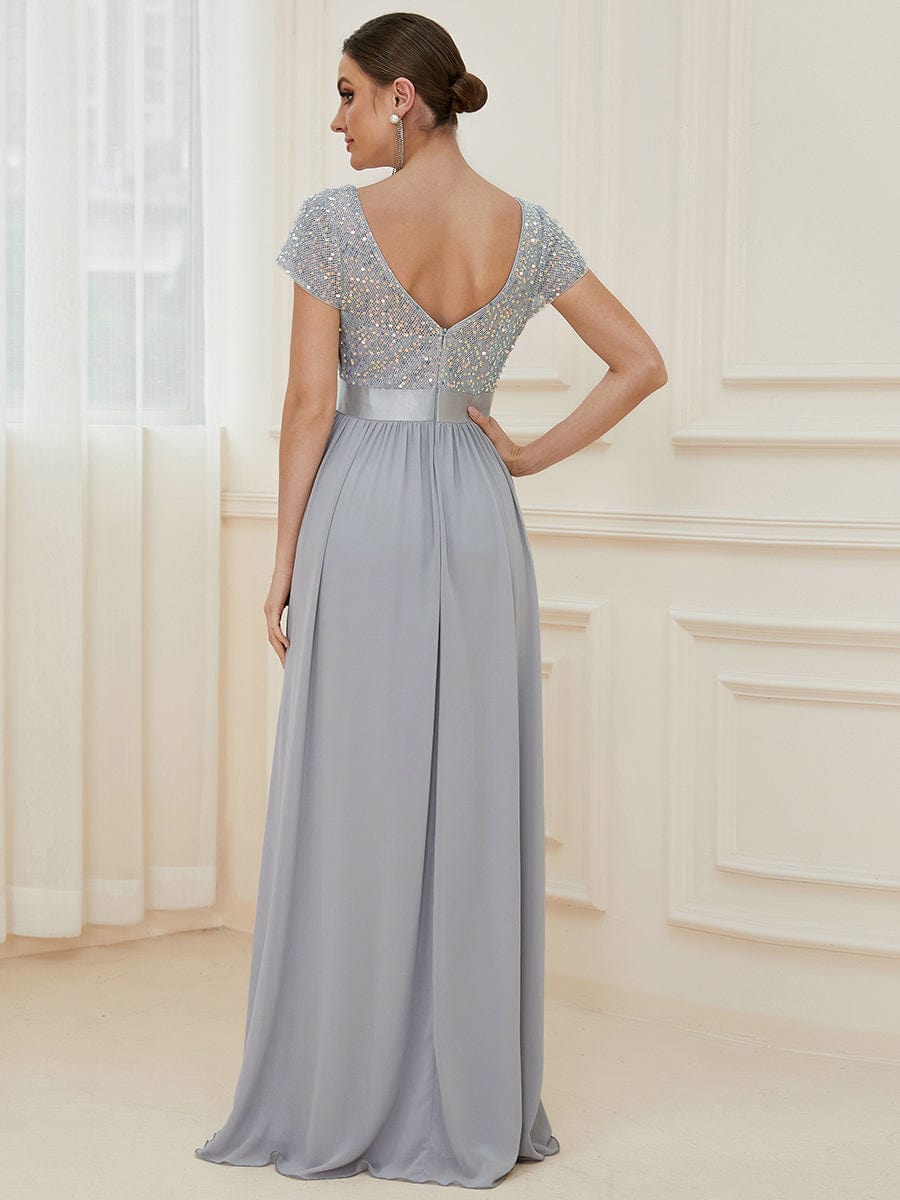 V-Neck Cap Sleeve Sequin & Chiffon Empire Waist Evening Dress #color_Silver