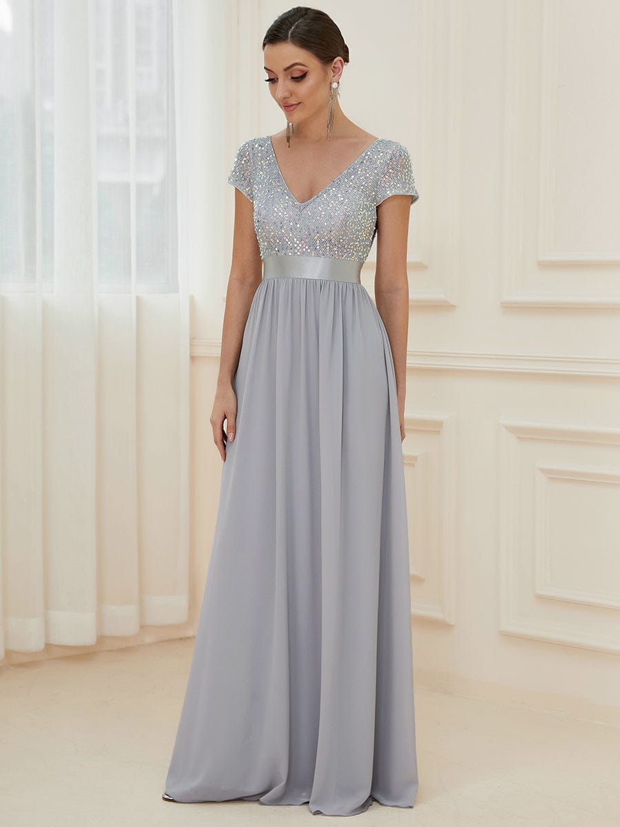 V-Neck Cap Sleeve Sequin & Chiffon Empire Waist Evening Dress #color_Silver