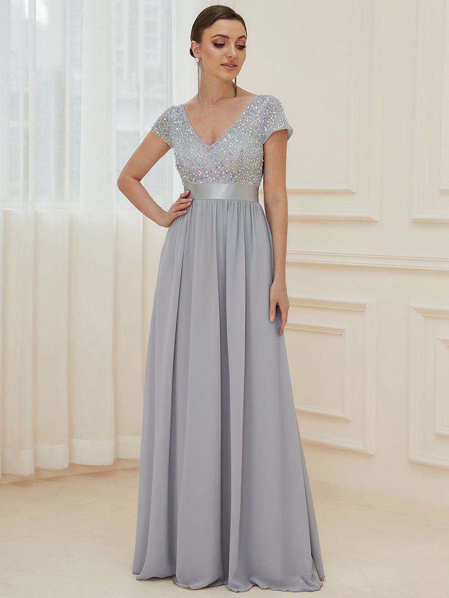 V-Neck Cap Sleeve Sequin & Chiffon Empire Waist Evening Dress #color_Silver