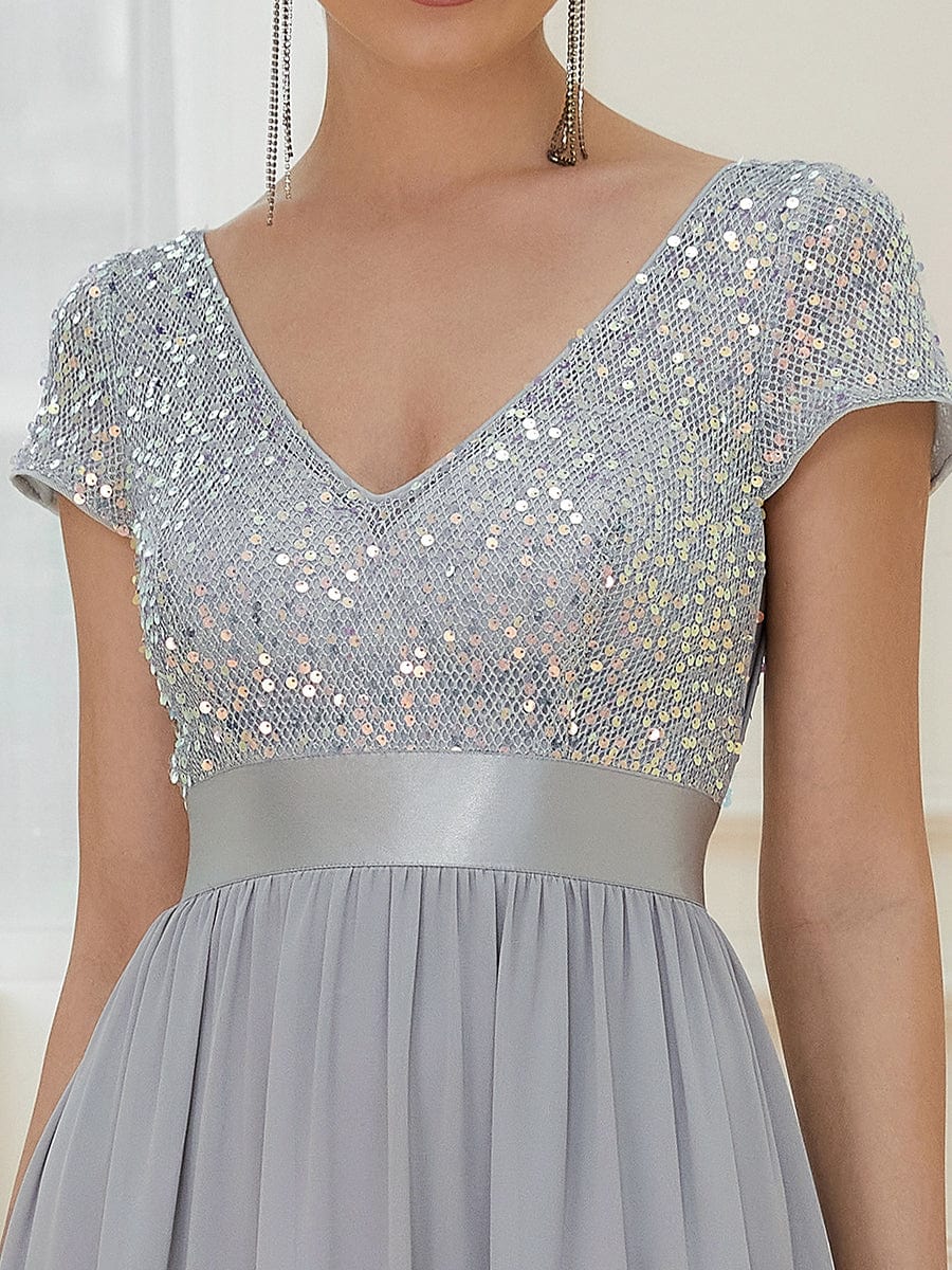 V-Neck Cap Sleeve Sequin & Chiffon Empire Waist Evening Dress #color_Silver